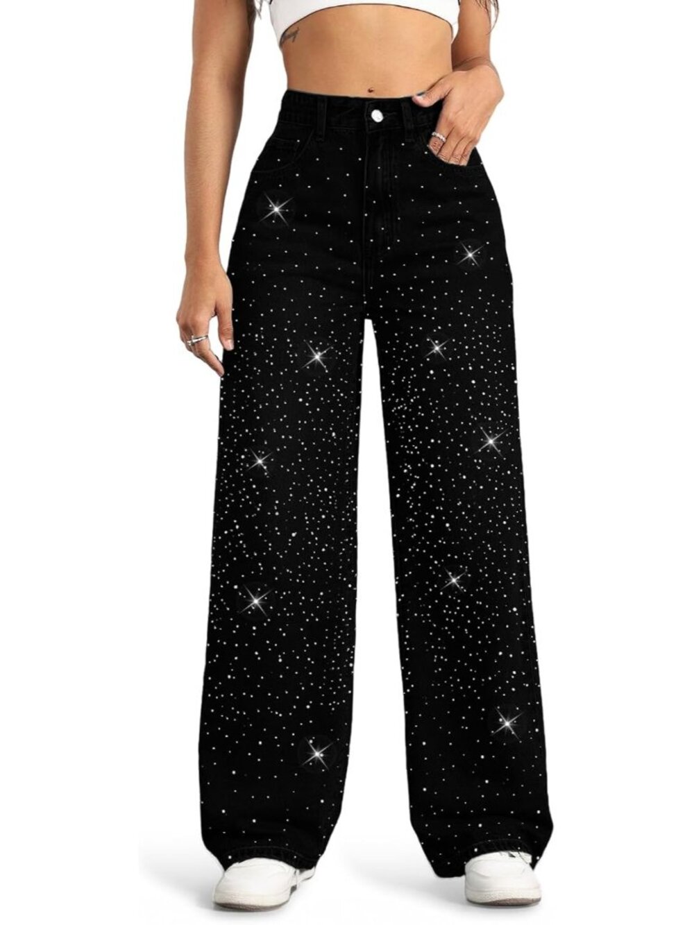 Women's Black Bling High Waisted Wide Denim Pants Baggy Trendy Straight Leg Jean